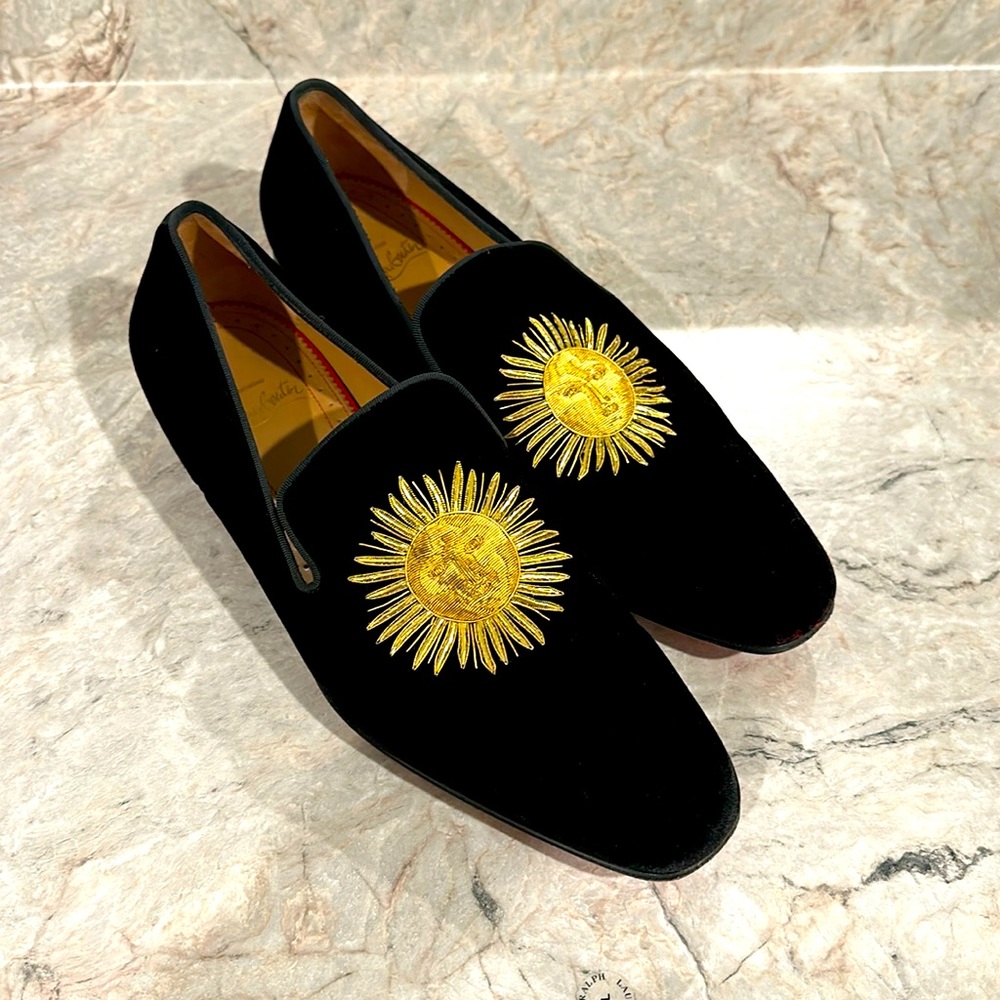 Christian Louboutin Morning Sakouette Flat Black Velvet Gold Sun Loafer
